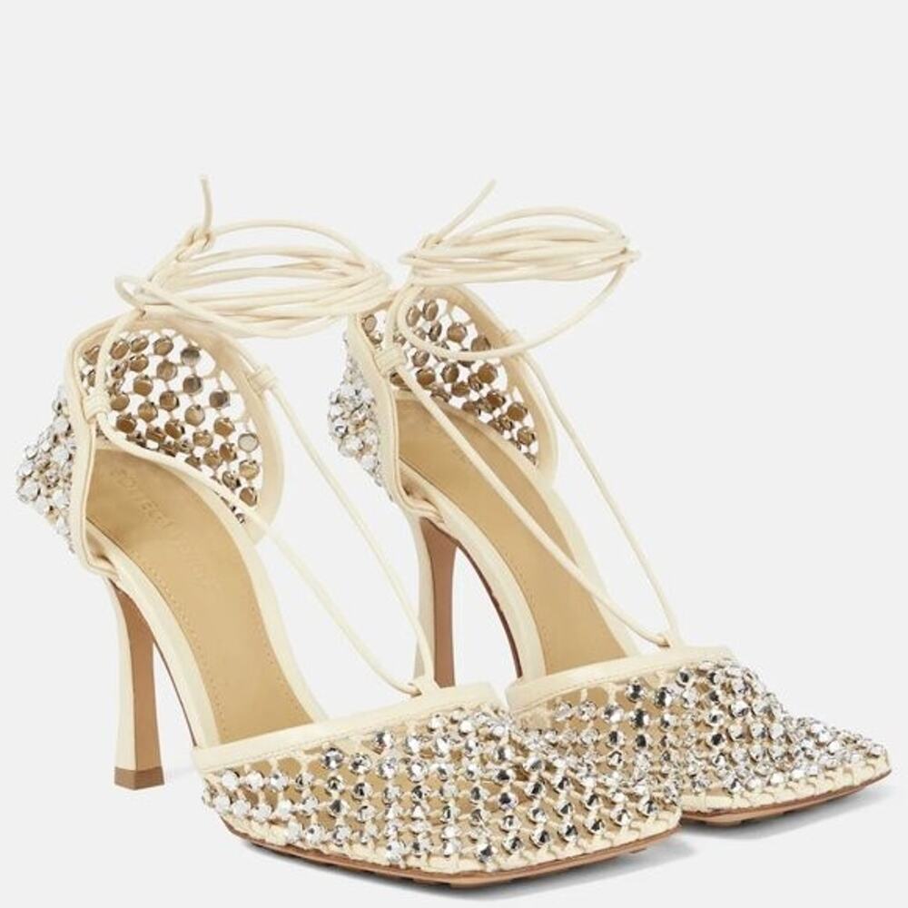 Bottega Veneta Mesh Crystal Wrap Tie Sandal Heels Women's EU 36.5 Ivory